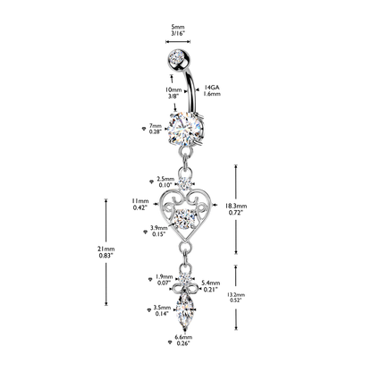 CZ Dangling Filigree Heart Belly Button Ring - 316L Stainless Steel