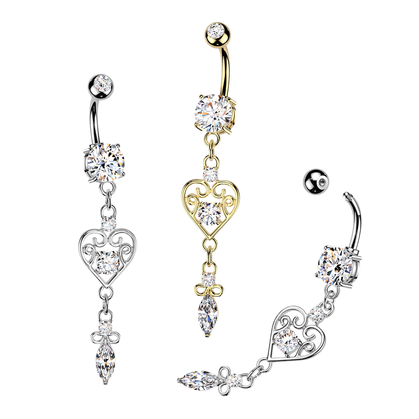 CZ Dangling Filigree Heart Belly Button Ring - 316L Stainless Steel