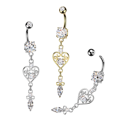 CZ Dangling Filigree Heart Belly Button Ring - 316L Stainless Steel