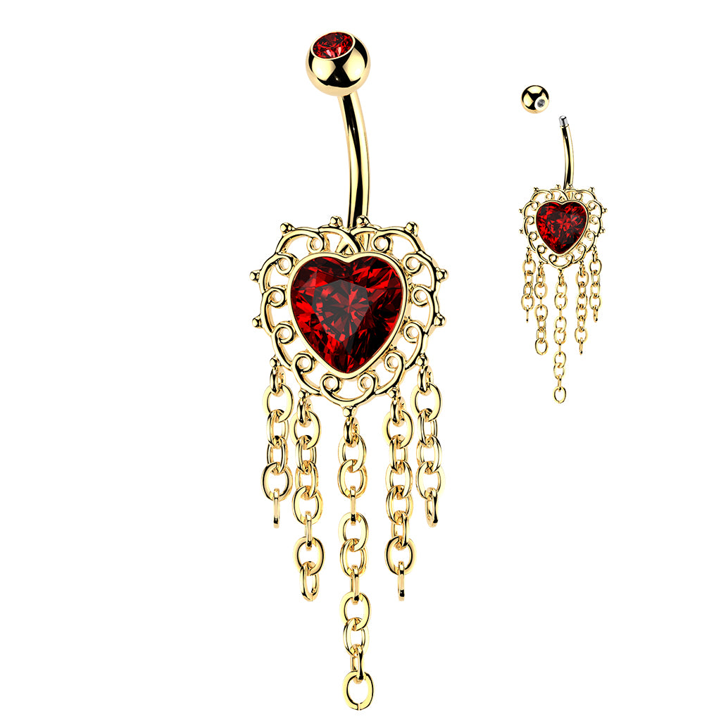 Red CZ Heart Dangling Chains Belly Button Ring - 316L Stainless Steel