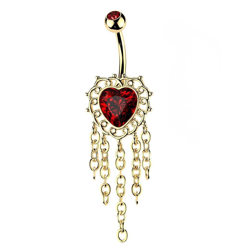 Red CZ Heart Dangling Chains Belly Button Ring - 316L Stainless Steel