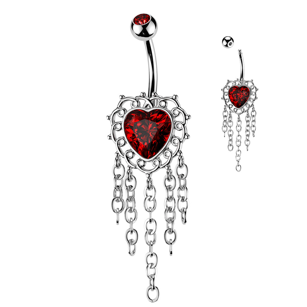 Red CZ Heart Dangling Chains Belly Button Ring - 316L Stainless Steel