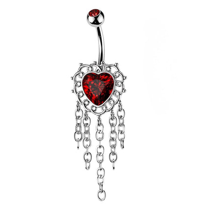 Red CZ Heart Dangling Chains Belly Button Ring - 316L Stainless Steel