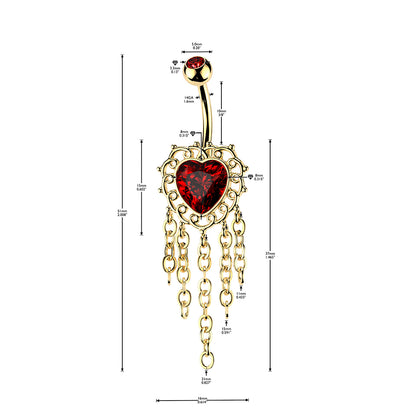 Red CZ Heart Dangling Chains Belly Button Ring - 316L Stainless Steel