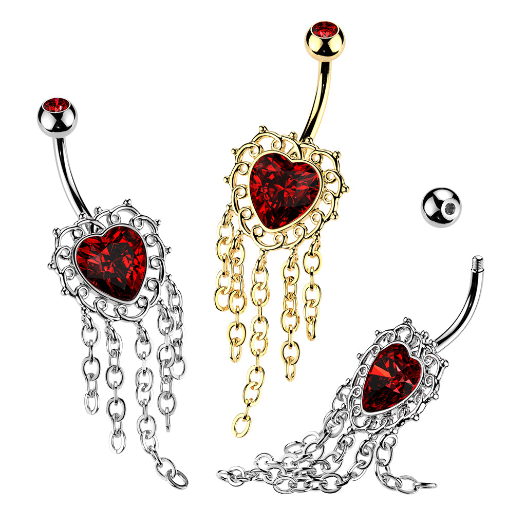 Red CZ Heart Dangling Chains Belly Button Ring - 316L Stainless Steel