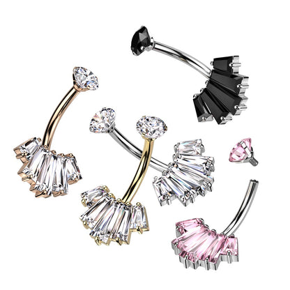 Internally Threaded CZ Crystal Baguette Crown Belly Button Ring - 316L Stainless Steel