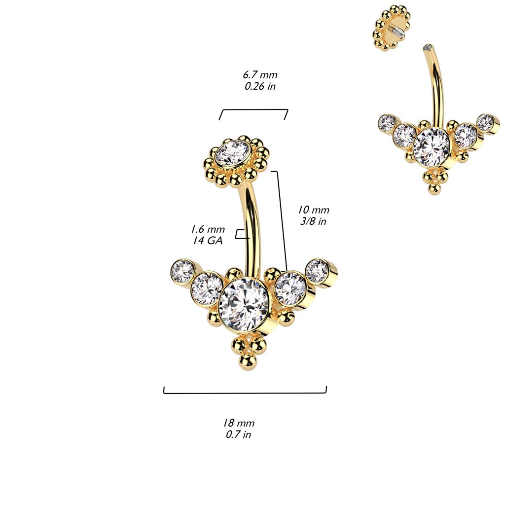 Internally Threaded Multi CZ Crystal and Ball Clusters Belly Button Ring - 316L Stainless Steel