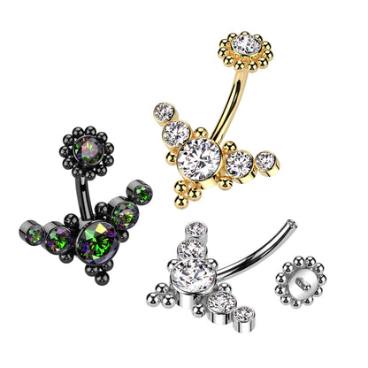 Internally Threaded Multi CZ Crystal and Ball Clusters Belly Button Ring - 316L Stainless Steel