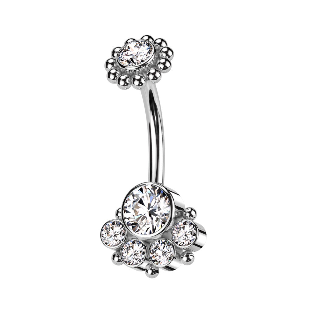 Internally Threaded CZ Crystal with Beaded Ball Edge Belly Button Ring - 316L Stainless Steel