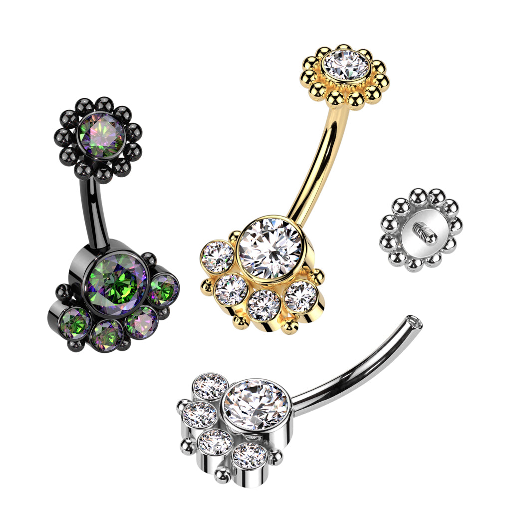 Internally Threaded CZ Crystal with Beaded Ball Edge Belly Button Ring - 316L Stainless Steel