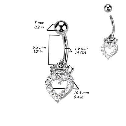 CZ Crystal Paved Hollow Heart and Crown Belly Button Ring - 316L Stainless Steel