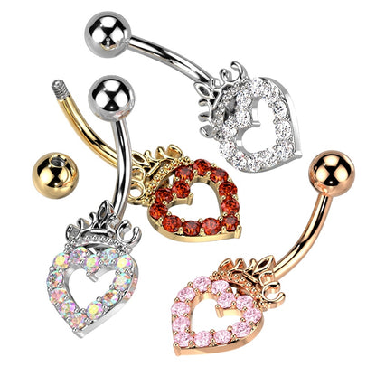 CZ Crystal Paved Hollow Heart and Crown Belly Button Ring - 316L Stainless Steel