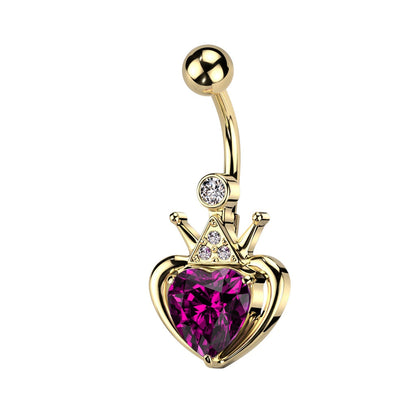 Crown with Pink Gem Heart Belly Button Ring - Gold PVD 316L Stainless Steel