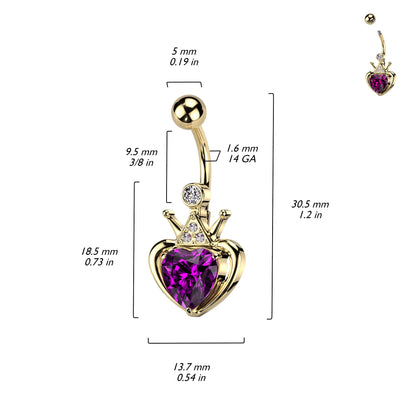 Crown with Pink Gem Heart Belly Button Ring - Gold PVD 316L Stainless Steel