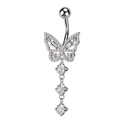 CZ Crystal Butterfly with Dangling Crystals Belly Button Ring - 316L Stainless Steel