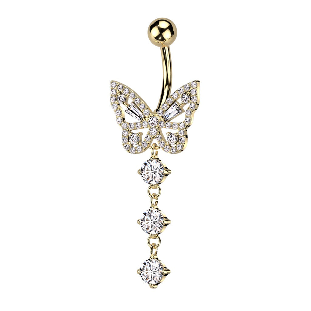 CZ Crystal Butterfly with Dangling Crystals Belly Button Ring - 316L Stainless Steel