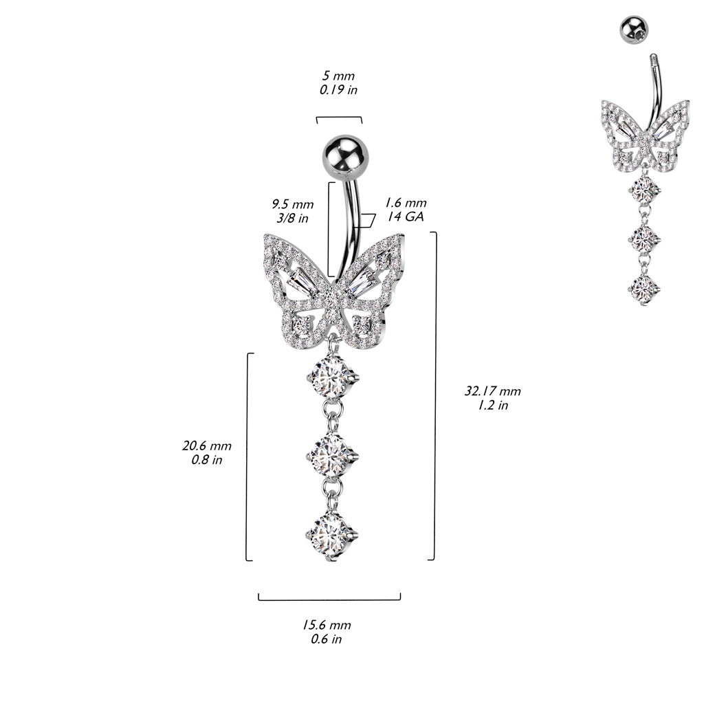 CZ Crystal Butterfly with Dangling Crystals Belly Button Ring - 316L Stainless Steel