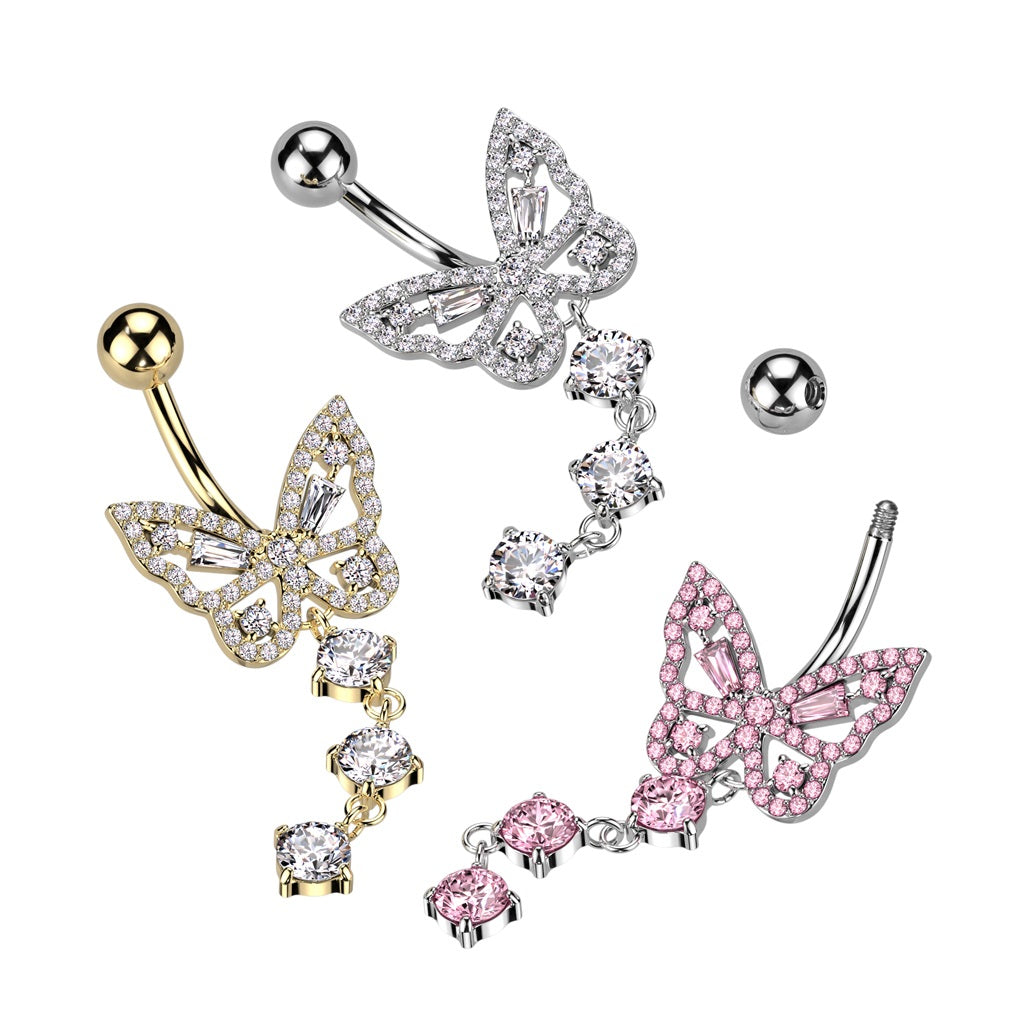 CZ Crystal Butterfly with Dangling Crystals Belly Button Ring - 316L Stainless Steel