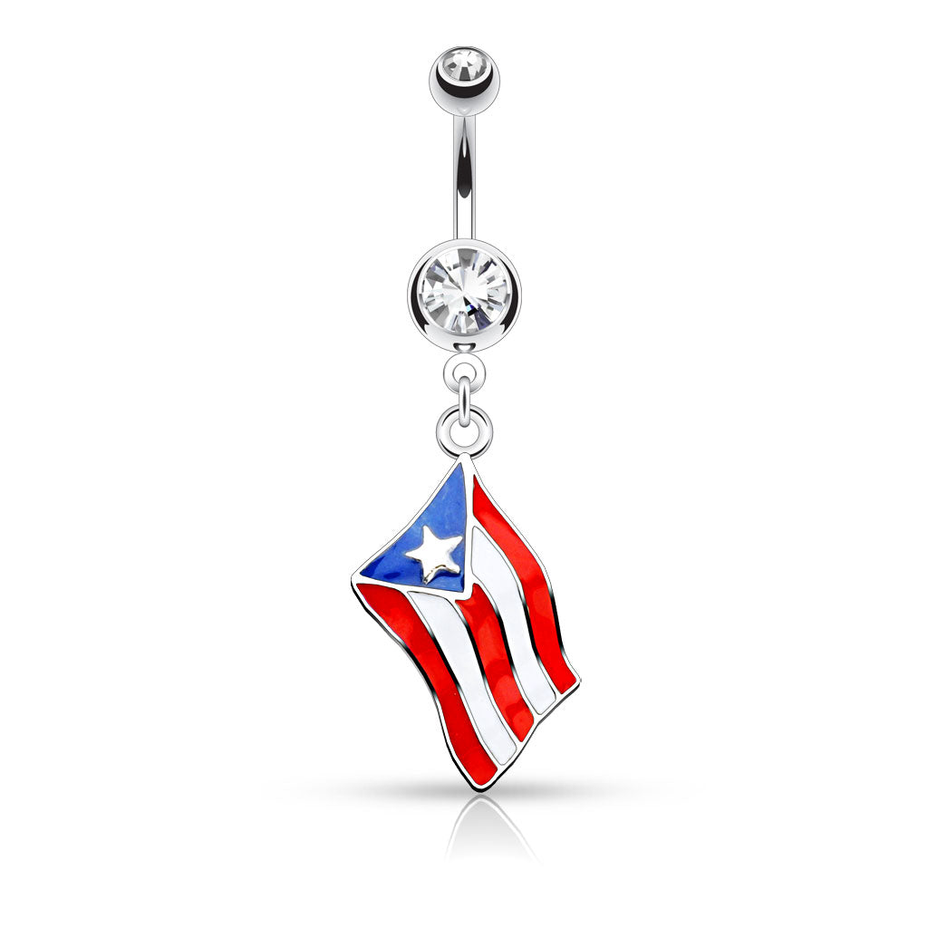 Epoxy Puerto Rico Flag with Gem Dangling Belly Button Ring - Stainless Steel