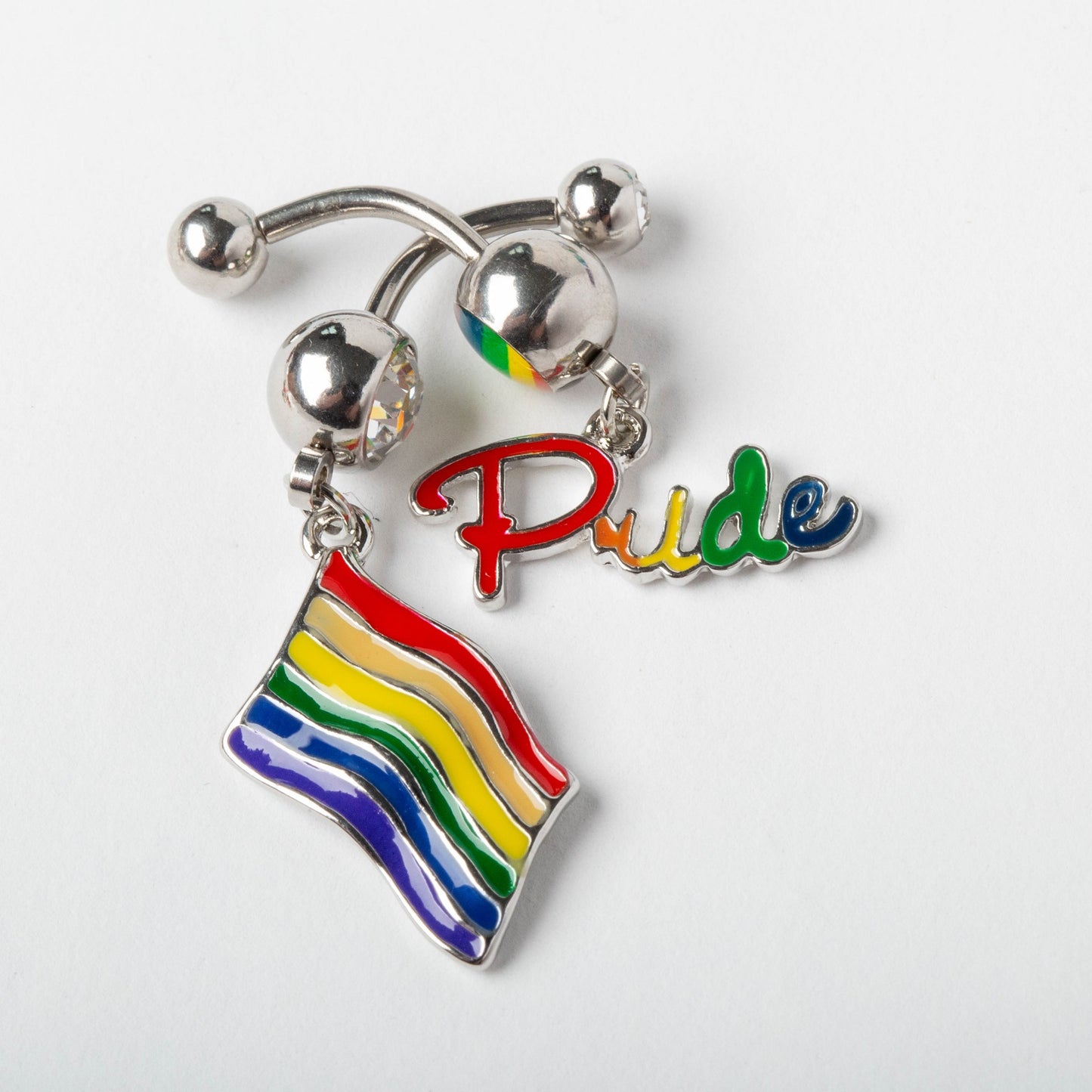 Gay Pride Rainbow Flag with Crystal Accent Dangling Belly Button Ring - 316L Surgical Steel