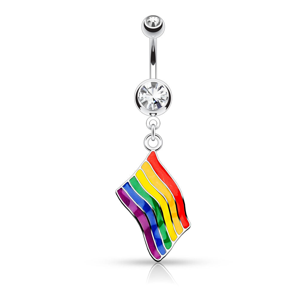 Gay Pride Rainbow Flag with Crystal Accent Dangling Belly Button Ring - 316L Surgical Steel