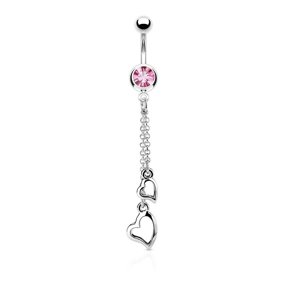 CZ Crystal Two Heart Chain Dangling Belly Button Ring - Stainless Steel