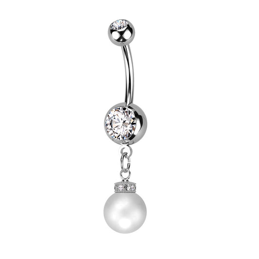 CZ Crystal with Dangling Synthetic Pearl Belly Button Ring - 316L Stainless Steel