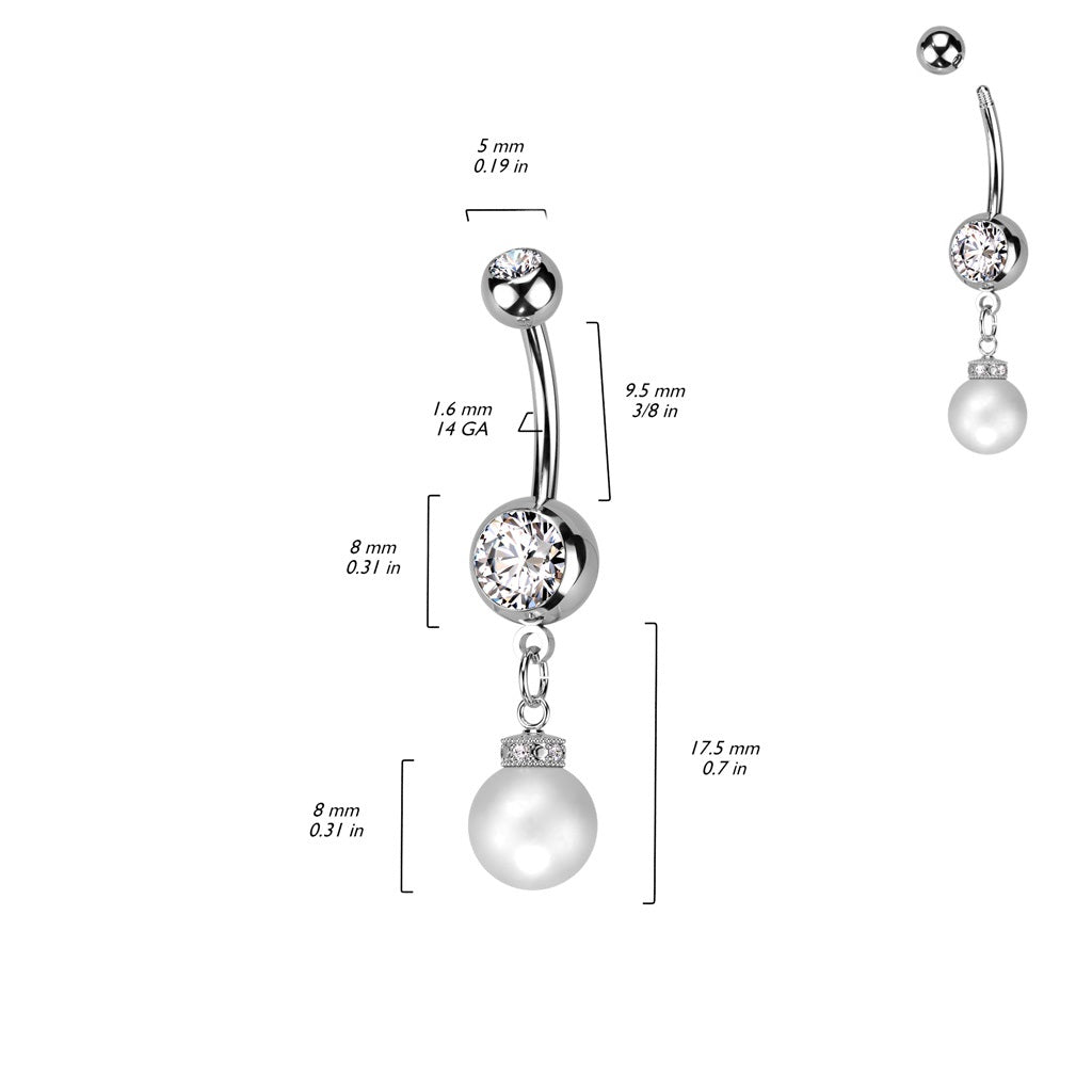 CZ Crystal with Dangling Synthetic Pearl Belly Button Ring - 316L Stainless Steel