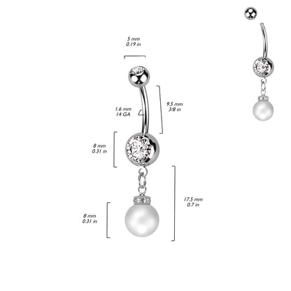 CZ Crystal with Dangling Synthetic Pearl Belly Button Ring - 316L Stainless Steel