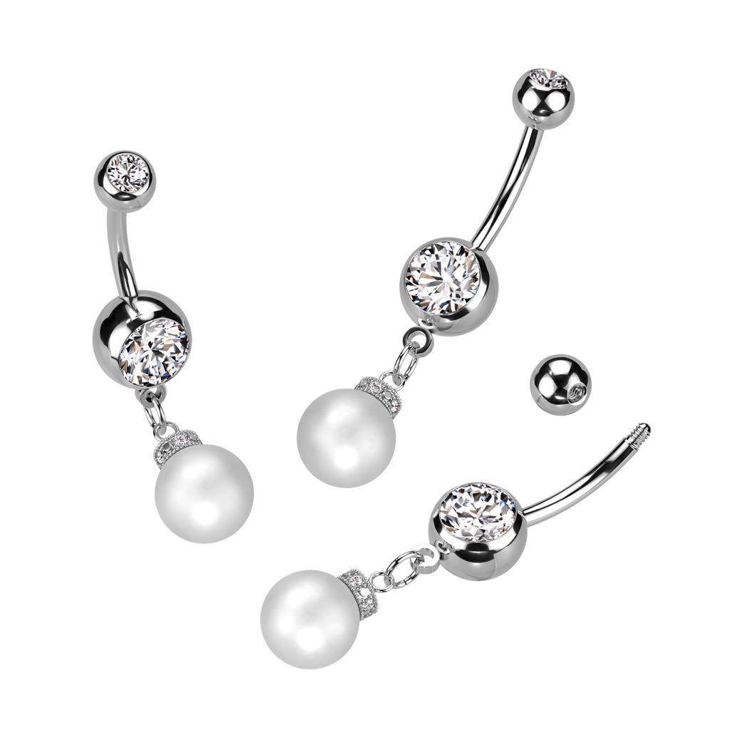 CZ Crystal with Dangling Synthetic Pearl Belly Button Ring - 316L Stainless Steel