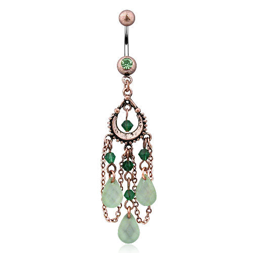 Vintage Chandelier with Jade Colored Tear Drop Beads Chain Dangling Belly Button Ring - 316L Surgical Steel