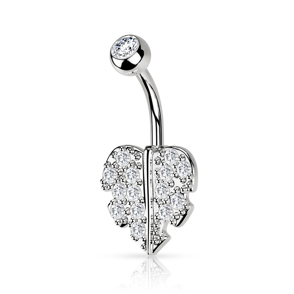 Gem Paved Heart Shaped Leaf Belly Button Ring - 316L Stainless Steel