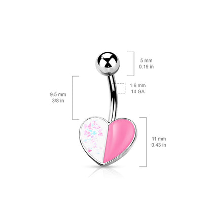 Glittery Opalite and Enamel Two Tone Heart Belly Button Ring
 - 316L Stainless Steel