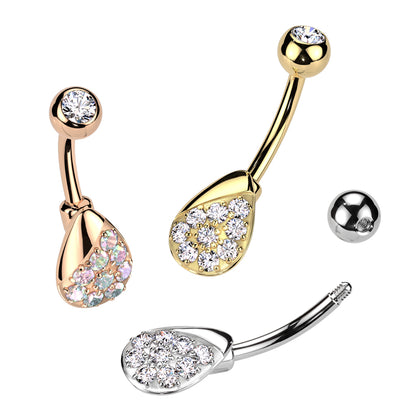 CZ Crystal Paved Teardrop Belly Button Ring - 316L Stainless Steel