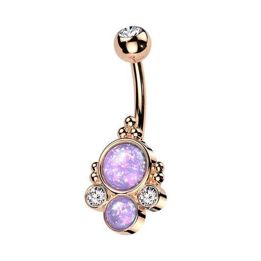 Double Round Synthetic Opals with CZ Crystals and Ball Clusters Belly Button Ring - 316L Stainless Steel