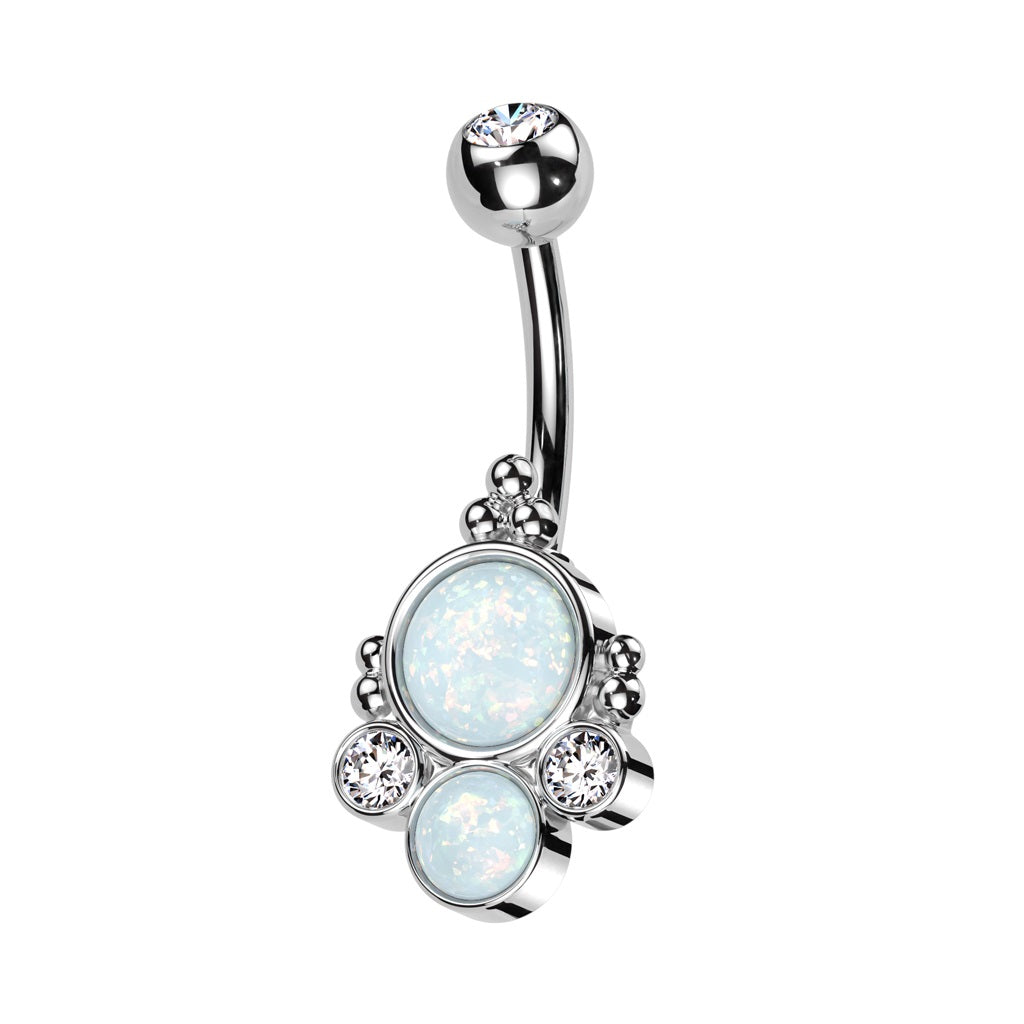 Double Round Synthetic Opals with CZ Crystals and Ball Clusters Belly Button Ring - 316L Stainless Steel