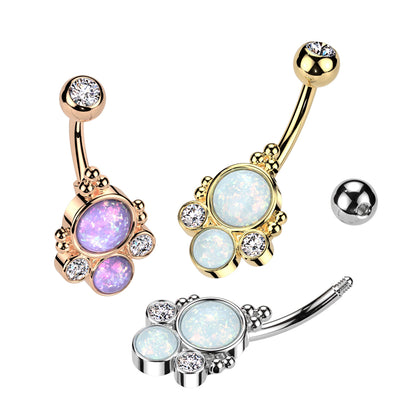 Double Round Synthetic Opals with CZ Crystals and Ball Clusters Belly Button Ring - 316L Stainless Steel