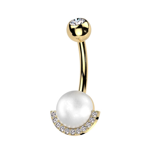 Synthetic Pearl with Half CZ Crystal Edge Belly Button Ring - 316L Stainless Steel