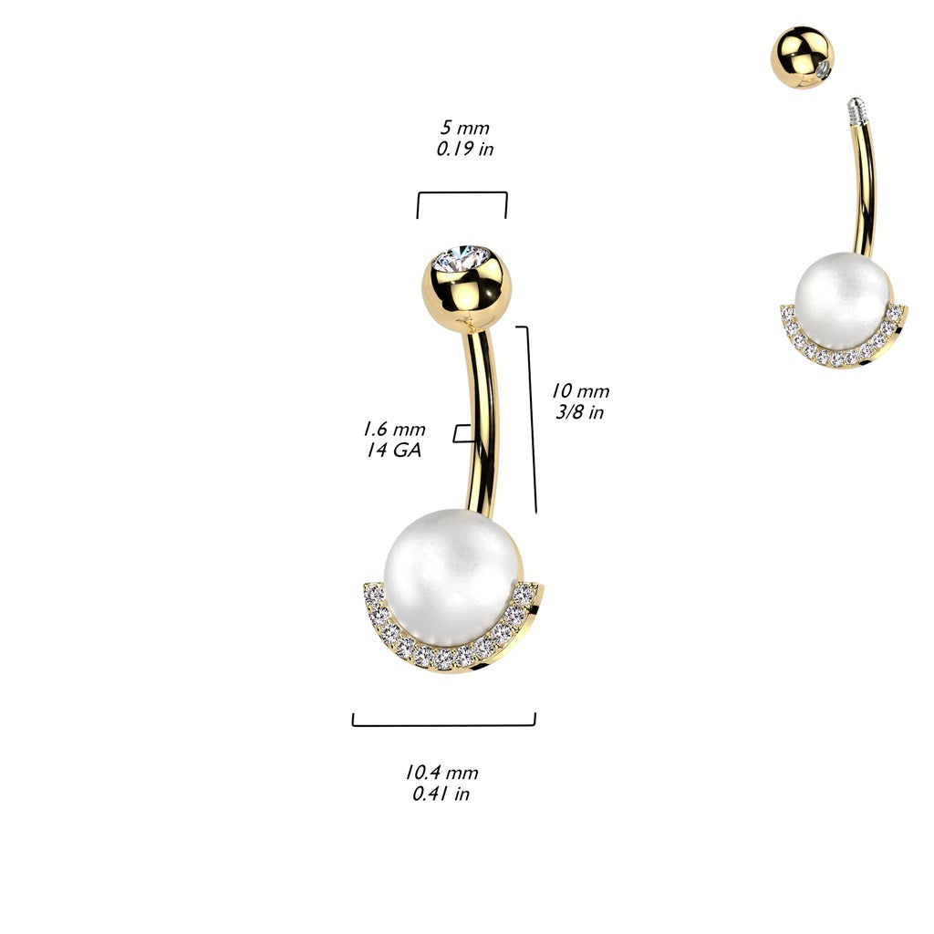 Synthetic Pearl with Half CZ Crystal Edge Belly Button Ring - 316L Stainless Steel