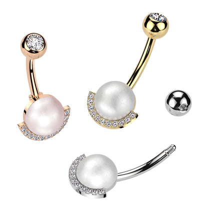 Synthetic Pearl with Half CZ Crystal Edge Belly Button Ring - 316L Stainless Steel