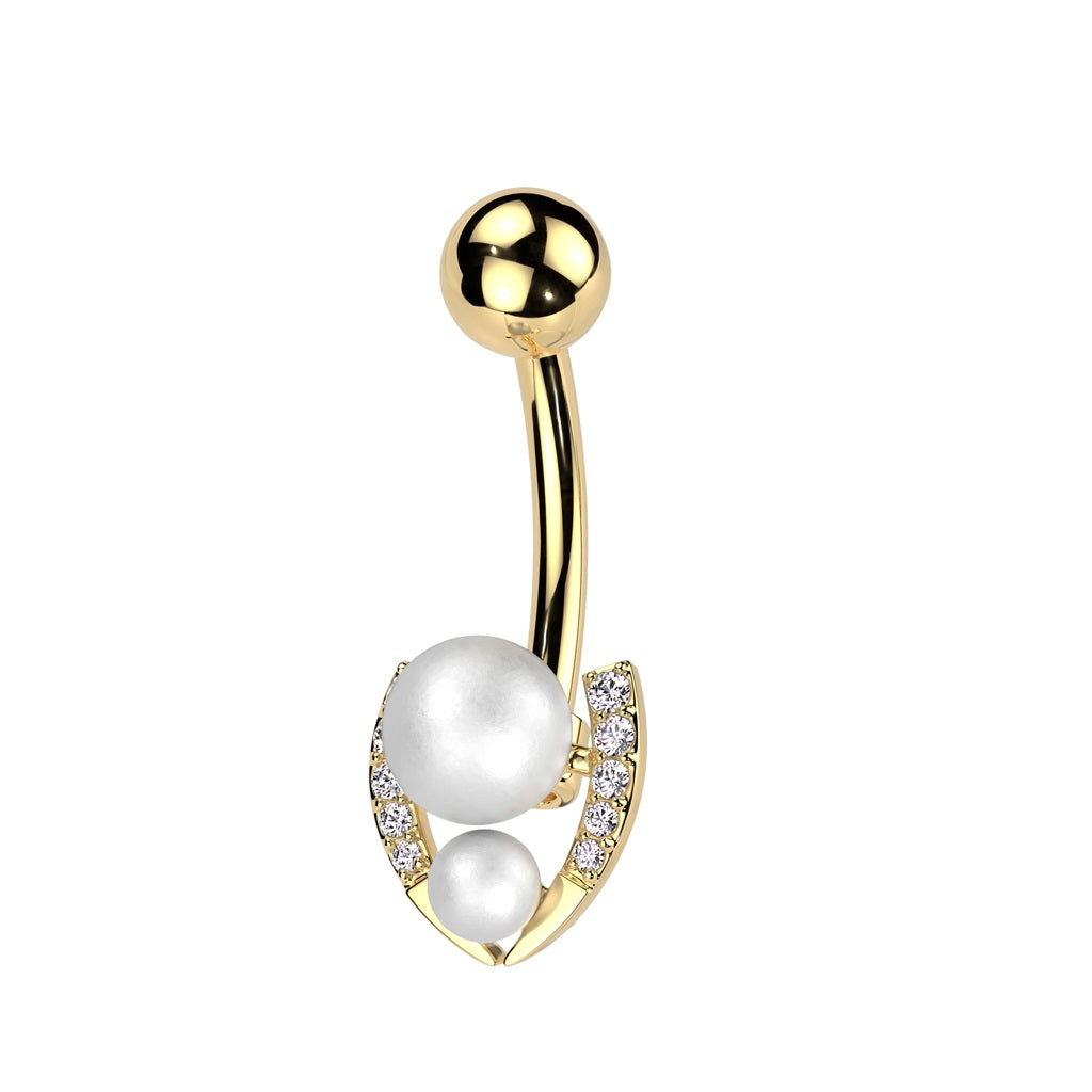 Double Synthetic Pearl and CZ Crystal Paved Horseshoe Belly Button Ring - 316L Stainless Steel