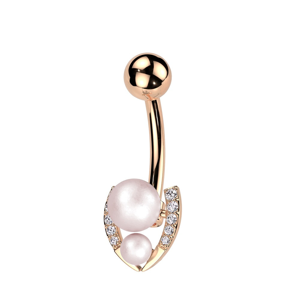 Double Synthetic Pearl and CZ Crystal Paved Horseshoe Belly Button Ring - 316L Stainless Steel