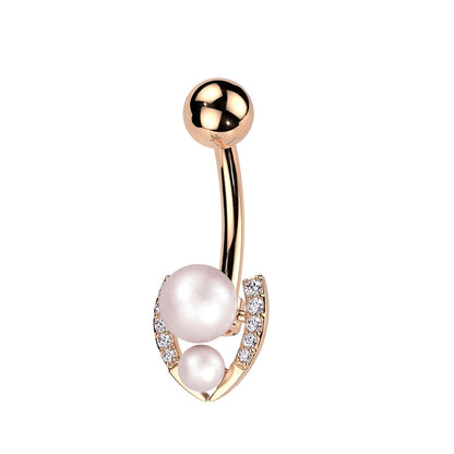 Double Synthetic Pearl and CZ Crystal Paved Horseshoe Belly Button Ring - 316L Stainless Steel