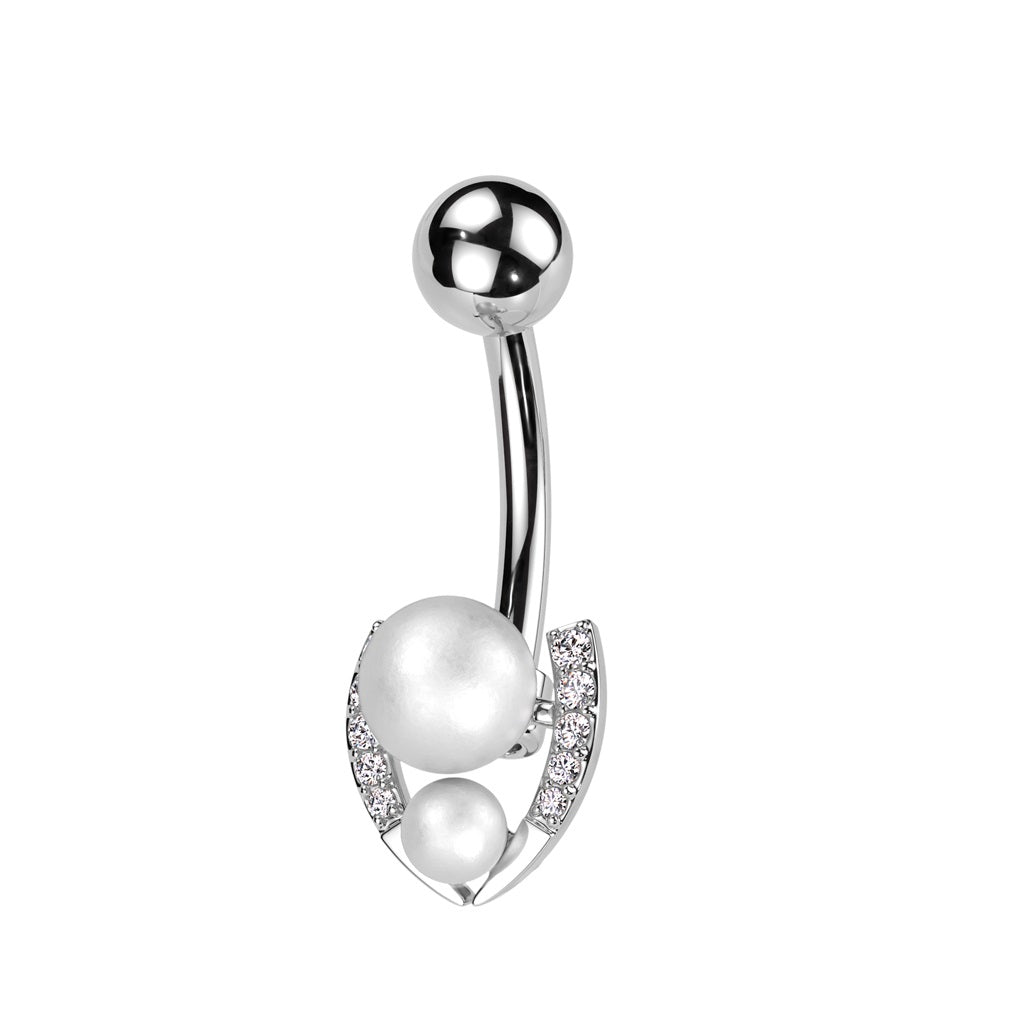 Double Synthetic Pearl and CZ Crystal Paved Horseshoe Belly Button Ring - 316L Stainless Steel