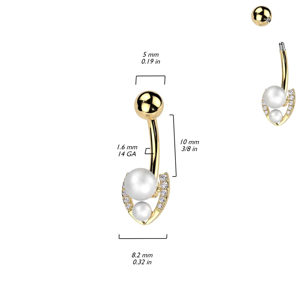 Double Synthetic Pearl and CZ Crystal Paved Horseshoe Belly Button Ring - 316L Stainless Steel