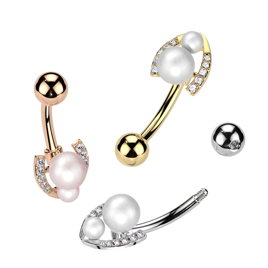 Double Synthetic Pearl and CZ Crystal Paved Horseshoe Belly Button Ring - 316L Stainless Steel