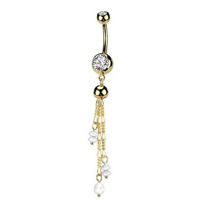 Triple Chain with Synthetic Pearl Accents Dangling Belly Button Ring - 316L Stainless Steel