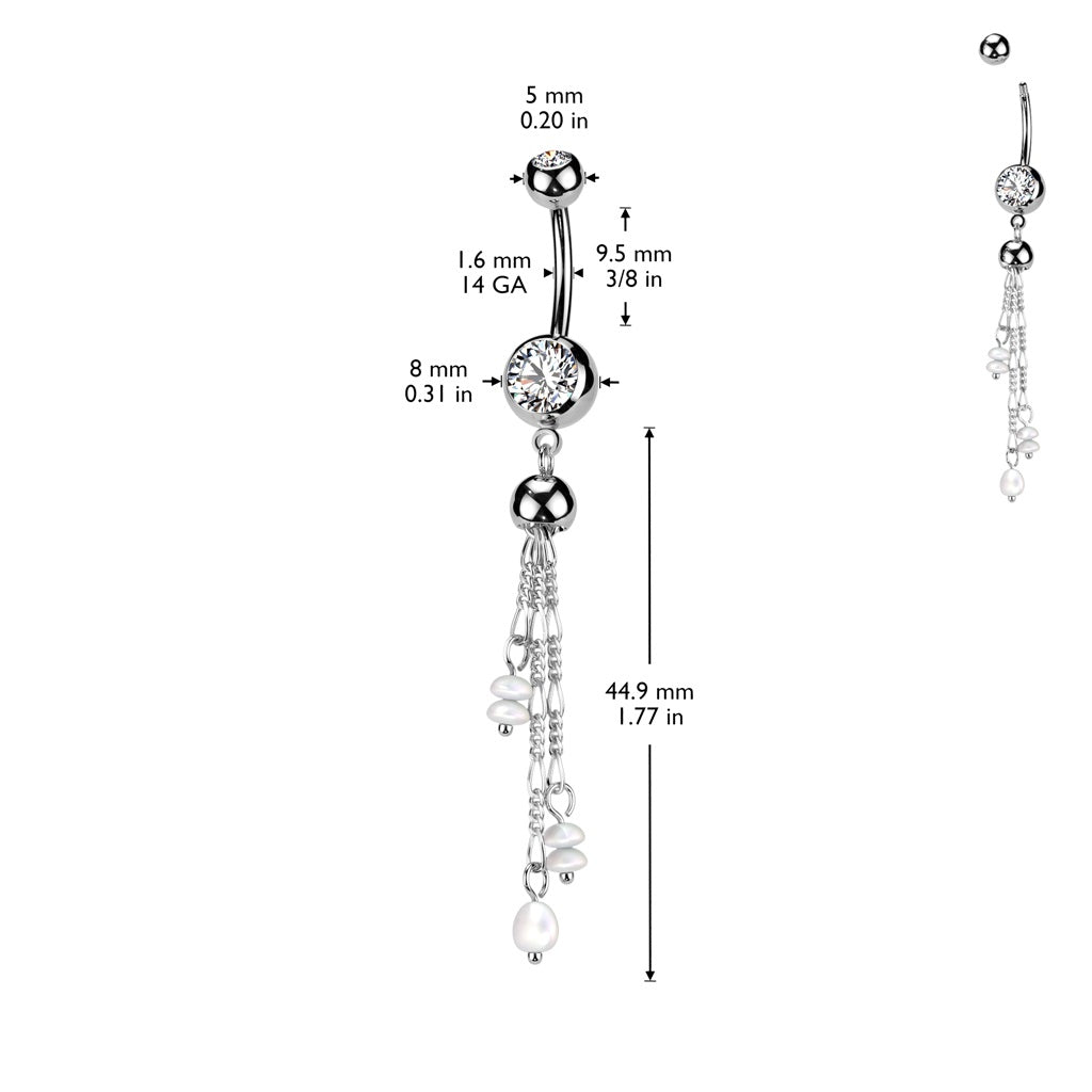 Triple Chain with Synthetic Pearl Accents Dangling Belly Button Ring - 316L Stainless Steel