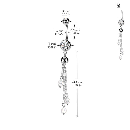 Triple Chain with Synthetic Pearl Accents Dangling Belly Button Ring - 316L Stainless Steel