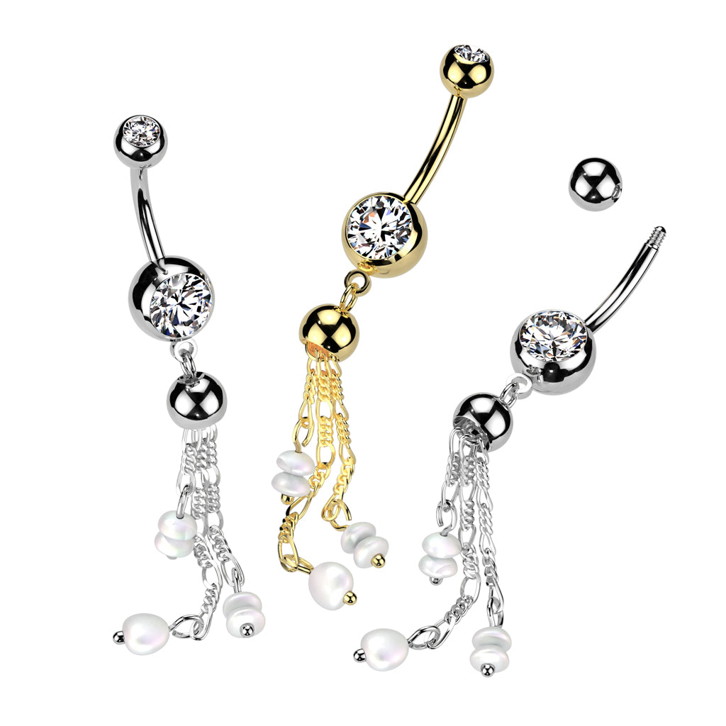 Triple Chain with Synthetic Pearl Accents Dangling Belly Button Ring - 316L Stainless Steel